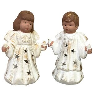 Vintage Ceramic Angel Candle‎ Holders White Gold Stars Cutout Christmas Decor